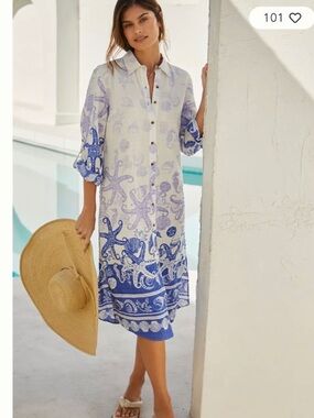 By Anthropologie Shell-Print Button Front Dress in White and Light Blue Small